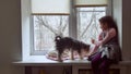 Girl teen and pets cat and pet dog a looking out window, cat sleeps Royalty Free Stock Photo