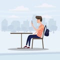 Girl teenager looks in smartphone table in cafe, background city, vector, illustration, cartoon style, isolated