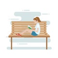 Girl-teenager reading book on the bench - vector flat style illustration.