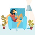 The girl the teenager speaks by phone, sits in chair in house interior. Vector illustration of the character