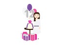 Girl 12th birthday vector illustration. girl, birthday cake, balloons and gift box Royalty Free Stock Photo