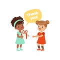 Girl thanking a friend for a gift, kids good manners concept vector Illustration on a white background Royalty Free Stock Photo