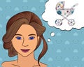 Girl think with speech bubble baby carriage
