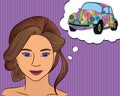 Girl think with speech bubble car Royalty Free Stock Photo