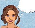 Girl think with speech bubble on floral background