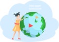 Girl thinking about environment. Female child points to globe. Save green ecosystem on Earth