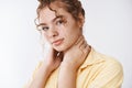 Girl thinking getting gym membership time stretch. Portrait charming tender feminine redhead curly messy bun female