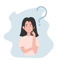 The girl thinks with the question mark above. Isolated on a white background. Vector illustration in flat style