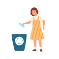 Girl throwing garbage in container. Kid dropping plastic bottle in litter bin. Flat vector cartoon illustration of well