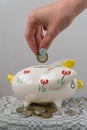 The girl throws a coin into the piggy bank. Piggy bank in the form of a painted pig. A handful of coins Royalty Free Stock Photo