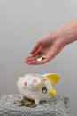 The girl throws a coin into the piggy bank. Piggy bank in the form of a painted pig. A handful of coins Royalty Free Stock Photo