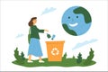 A girl throws plastic bottles into a dumpster, a metaphor for the usefulness of recycling plastic.