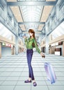 girl with tickets and luggage in airport. Vector illustration decorative design