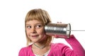 Girl with Tin Can Phone - Listening Royalty Free Stock Photo