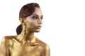 The girl tinted in gold, isolated on a white background