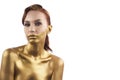 The girl tinted in gold, isolated on a white background