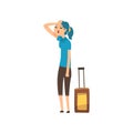 Girl tired of carrying a heavy suitcase, people traveling on vacation concept cartoon vector Illustration on a white