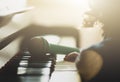 Girl toddler, piano and toy microphone Royalty Free Stock Photo