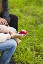 The girl took a bite of a juicy tasty red Apple with a copy of the space Royalty Free Stock Photo