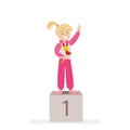 The girl took first place in sports. Award Ceremony Gold Medal winner. Flat character on white background Royalty Free Stock Photo