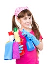 Girl with tools for house cleaning on white background Royalty Free Stock Photo