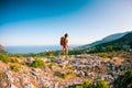 Girl at the top of the mountain. Royalty Free Stock Photo