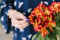 The girl touched a flower bouquet of astromeria orange color