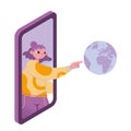 Girl touches the globe through a smartphone, cartoon style. Concept of global internet communication, connection with