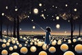 Girl touches a tree with balloons, on the ground many illuminated balloons