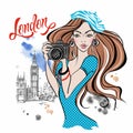 Girl tourist with a camera in London. Vector Royalty Free Stock Photo