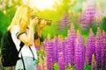 Girl tourist with a camera takes pictures of beautiful lilac lupine flowers