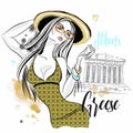 Girl tourist in Greece. Athens Acropolis Parthenon. Travel. Vector