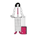 Girl tourist with suitcase and boarding pass flat contour vector illustration