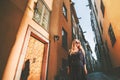 Girl tourist walking in Stockholm traveling alone Royalty Free Stock Photo