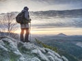 Girl tourist wear hiking backpack goes. Hikers in mountains Royalty Free Stock Photo