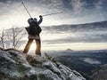 Girl tourist wear hiking backpack goes. Hikers in mountains