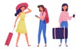 Girl Tourists with Luggage Bag and Backpack Travelling Vector Illustrations Set Royalty Free Stock Photo