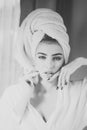 Girl with towel on head relaxing, after spa or shower Royalty Free Stock Photo