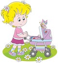 Girl with a toy baby buggy Royalty Free Stock Photo