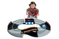 Girl and toy car race track Royalty Free Stock Photo