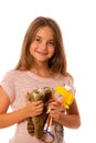 Girl with toys isolated ovwer white background
