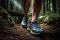 Girl trail runner on forest path with close up. Generative Ai.