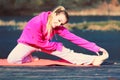 Girl train outside in park. Royalty Free Stock Photo