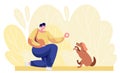 A girl training dog to do tricks. Female teaches her dog to sit command. Cartoon vector illustration