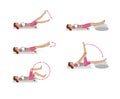 Girl is training at home. Abdominal muscles, buttocks, legs. Exercise scissors and bike. Isolated on a white background