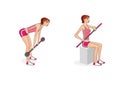 Girl is training at home. Stretching the muscles of the hands, legs and spine. Exercises and gymnastics. Isolated on a white