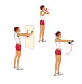 Girl trains the muscles of the chest against the wall and with dumbbells. Illustration