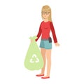 Girl With Trash Bag Throwing Garbage Away, Cartoon Adult Characters Cleaning And Tiding Up