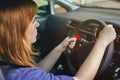 Girl, travel and drive car for transport or road trip, steering wheel and serious in morning for journey to work. Woman Royalty Free Stock Photo