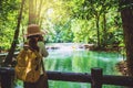 The girl travel take a photo of the Than Bok Thorni Waterfall National Park. lake, mangrove forest. travel nature. Travel relax.